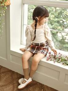 SHEIN Elladie kids 2 件套年轻女孩圣诞装 - 女孩休闲褶皱圆领羊腿袖红色上衣和经典红白格子不对称下摆裙子套装，时尚百搭，适合圣诞节和其他场合，秋冬季