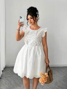 Elenzga Plus Size Fashion Round Neck Embroidered Hollow-Out Fabric Waist Slimming Ruffle Sleeve Dress, Sweet Ruffle Sleeve Fashionable Versatile Elegant Vacation Style Floral Dress, Suitable For Daily Wear, Weekend Outings Or Shopping, Beach Vacation Or By The Pool, Summer Parties, Garden Gatherings - White - View 5
