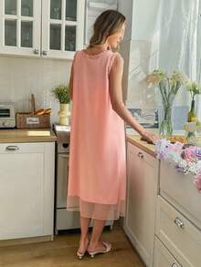 SHEIN 夏季双层网纱荷叶边吊带睡裙 - 粉色 - 查看 3