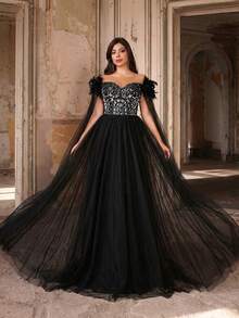 Aureia Váy hở vai tay loe viền chữ A đính lông vũ và lưới thêu màu xanh lam sang trọng cỡ lớn, thích hợp cho tiệc tối, hẹn hò, vũ hội, đám cưới, dịp trang trọng - màu đen - Xem 9