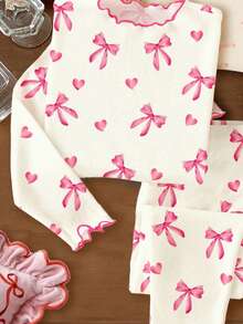 Tween Girls' Casual Cute Ballet Style Pink Bow & Heart Print Pajama Set, Suitable For All Seasons, Summer, Autumn/Winter - Multicolor - View 4