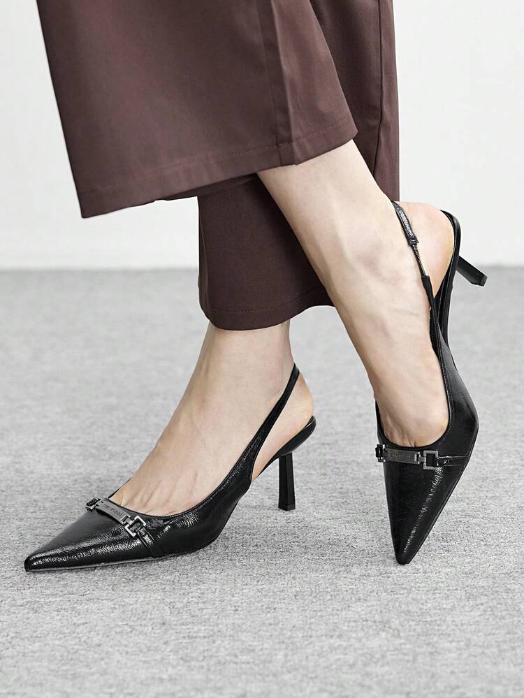 CUCCOO BIZCHIC Black Pointed Toe Metal Buckle Stiletto Heels, Minimalist European & American Style Genuine Leather Backless High Heels, Niche Design Sense Fashion Shoes, Blogger Same Style Office Commute Women's Shoes, High-End Dark Vibe Closed Toe Shoes, Luxurious Metal Decor Pointed Toe Shoes, French Retro Black High Heels Valentine's Day