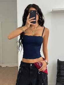 Coolane Women's Summer Y2K Casual Streetwear Music Festival Rib Knit Minimalist Basic Rib Knit Contrast Lace Dark Blue Tank Tops Navy Blue Camisole Lace Trim Camisole Cami Top Women Cute Cami Top Ribbed Cami Top Navy Blue Cami Top,Summer Top - Blue - View 4