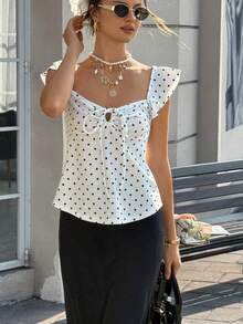 Cévolie Black Polka Dot V-Neck Bowknot Cap Sleeve Top Polka Dot Top - White - View 4