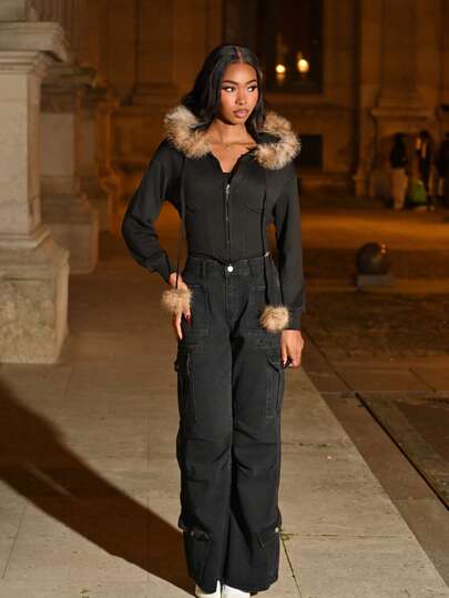 Mima John Y2K Gyaru Subculture 女式复古修身豹纹仿毛领连帽运动衫，长袖上衣