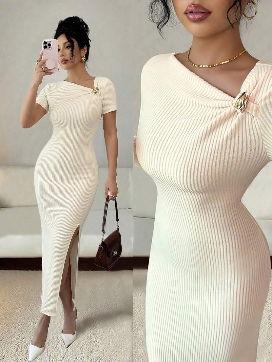 Rafferiza Women's Elegant Sexy Solid Color Gold Decor Button Asymmetric Collar Short Sleeve Fitted Split Hem Midi Knit Dress - Beige - View 1