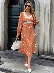 SHEIN PariChic 优雅通勤波点印花蕾丝边连衣裙 - 卡其色 - 查看 3