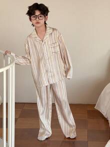 DAZY Tween Boy Colorblock Striped Print Lapel Collar Long Sleeve Shirt And Pants Pajama Set, Spring/Autumn - Multicolor - View 5
