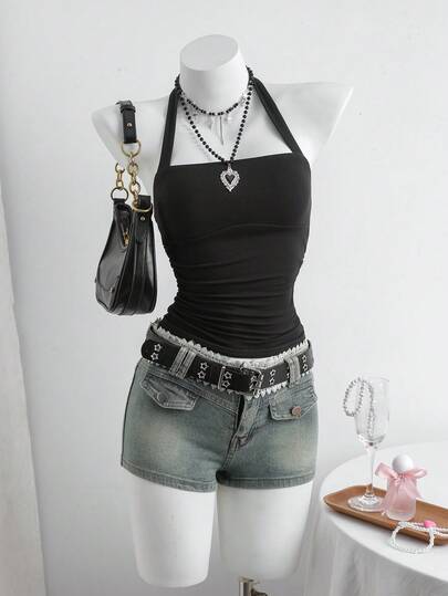 SHEIN Teen Girl Casual Daily Fashion Black Knit Halter Neck Tank Top
