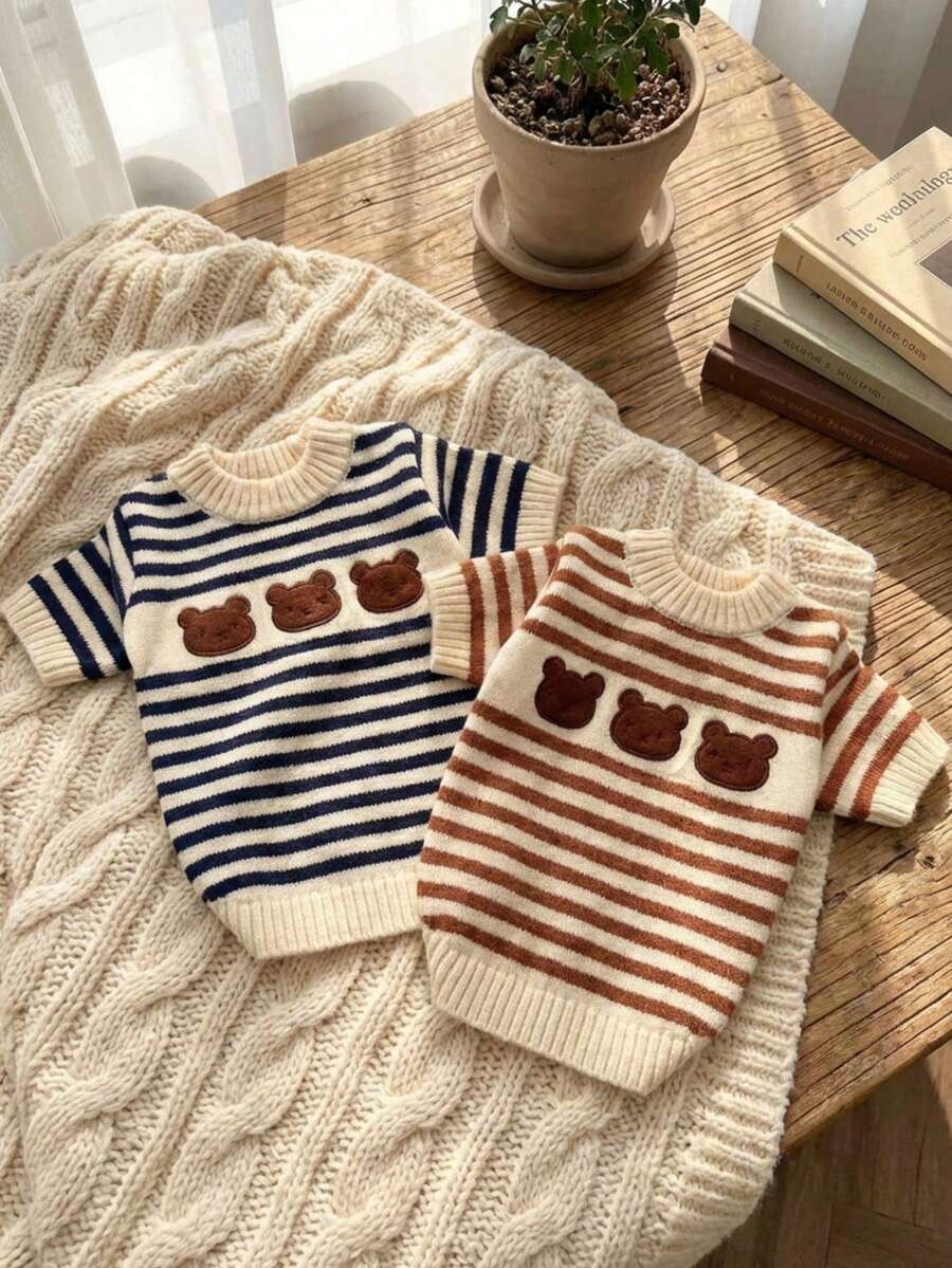 PETSIN 猫狗宠物冬季条纹毛衣，保暖可爱针织毛衣，超萌小熊图案 - 彩色 - 查看 1