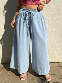 Sunnyshic Quần jean denim dáng rộng cạp cao xếp ly thoải mái có dây rút dành cho nữ cỡ lớn - Màu xanh lam - Xem 4