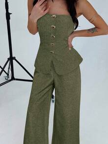 Firerie Women's Elegant Minimalist Metal Button Camisole Top And High Waist Wide Leg Khaki Pants 2 Piece Set, Suitable For Commuting, Casual, Vacation Pants Suit - Army Green - View 5