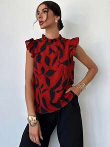 Firerie Women's Elegant Floral Print Cap Sleeve Blouse, Suitable For Daily Wear And Vacation,Red Top - Red - View 3