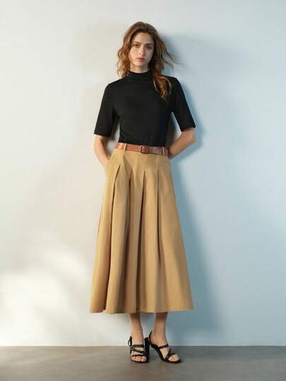 Maija Pleated Solid Color Minimalist Mid-Length Dress With Belt Decor For Women