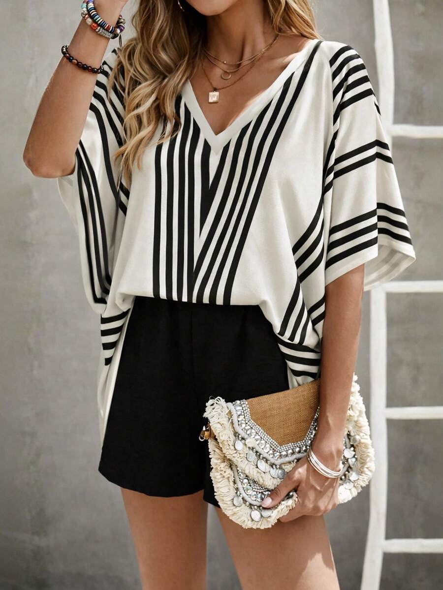 EMERY ROSE 夏季休闲条纹蝙蝠袖上衣和短裤两件套 - 彩色 - 查看 1