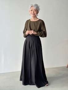 FRIFUL Pantalones casuales anchos de mujer con bolsillos plisados de unicolor - Negro - Ver 2