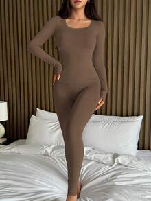 DAZY 2pcs/Set Women Solid Color Comfortable Knit Crew Neck Fitted Base Layer Set, Suitable For Spring And Summer - Coffee Brown - View 3