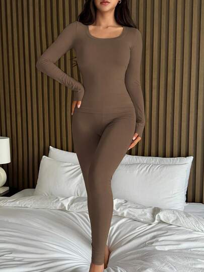 DAZY 2 st/set för kvinnor, enfärgat, bekvämt stickat, rund halsringat, åtsittande underställ, lämpligt för vår och sommar