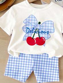 SHEIN Happikins Girl Casual Minimalist Short Sleeve Top & Shorts 2 Pieces Set, Suitable For Summer - Multicolor - View 5