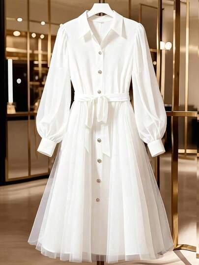 GlowEve CURVE 大码女士优雅时尚衬衫领V领网纱拼接金属纽扣长袖连衣裙，网纱拼接，腰部系带可调节，日常连衣裙，情人节连衣裙，外出通勤连衣裙