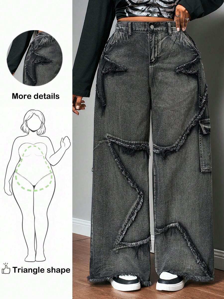 Truni Jeans de pierna ancha estilo boyfriend con parches de estrellas para mujer de talla grande, jeans de estilo militar para mujer de vuelta al colegio para el 4 de julio - Negro - Ver 1