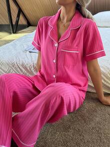 Contrast Trim Lapel Cardigan Women Pajama Set - Hot Pink - View 5