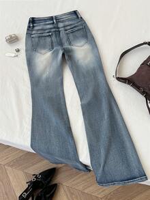 Elamini Y2K 时尚休闲复古重度水洗低腰喇叭牛仔裤 - 中等水洗藍 - 查看 2