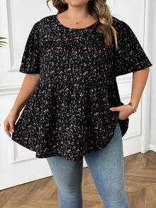 SHEIN CURVE+ 大码女式碎花圆领短袖休闲衬衫，夏季女装，度假女装，波西米亚风假日装，秋季女装，秋季服装，教师装 - 彩色 - 查看 5