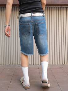 PAVTROS Men's Casual Washed Denim Shorts With Frayed Hem, Summer - Blue - View 2