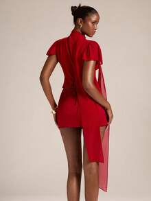 SHEIN BAE Women's Valentine's Day 2-Piece Set, Red Mock Neck Ruffle Sleeve Cutout Fitted Chiffon Blouse & Satin Mini Skirt, Red 2-Piece Set, Elegant 2-Piece Set, - Red - View 2