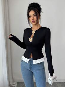 Rafferiza Women's Knit Black Long Sleeve Cinched Waist T-Shirt With Front Hollow Metal Flower Accent And Pleated Hem, Elegant For Dates, Christmas/Winter Wear - Black - View 6