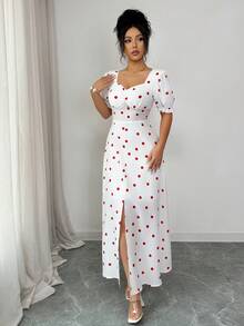 Rafferiza French-Style High-End Polka Dot Dress With Puff Sleeves, Fitted Waist, Sweetheart Neckline, Long And Elegant Style For Women. Summer Dress. - White - View 4