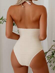 SHEIN Swim 1件装女士纹理面料装饰休闲度假比基尼连体泳衣 - 杏色 - 查看 2