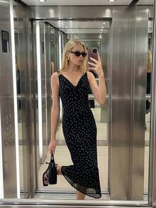 Maija Women's Elegant Polka Dot Print Sleeveless Dress, Summer - Black - View 1