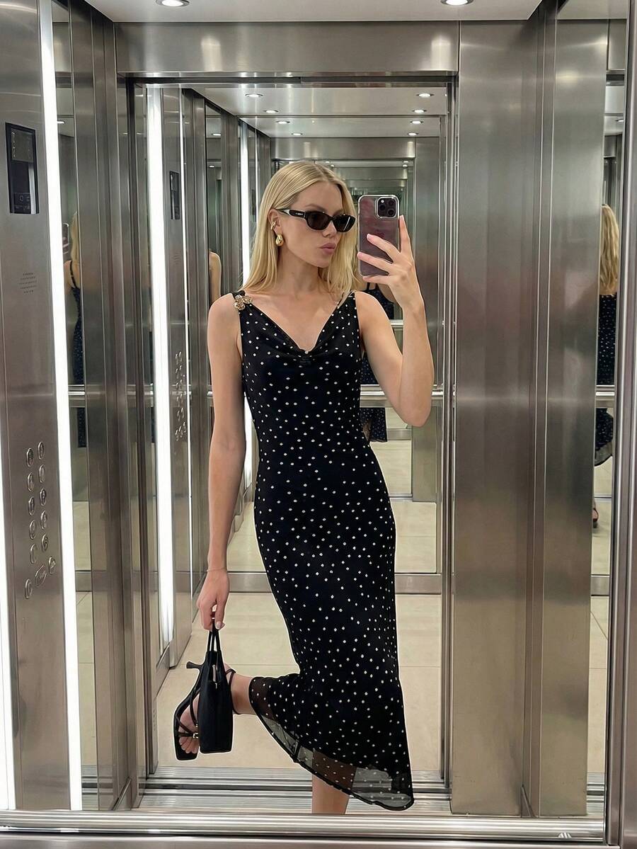 Maija Women's Elegant Polka Dot Print Sleeveless Dress, Summer - Black - View 1