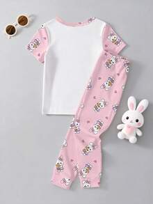 1 Set Young Girls Cute Rabbit Print Knit Short Sleeve Top And Full Print Pants Pajama Set, Spring/Summer - White - View 3
