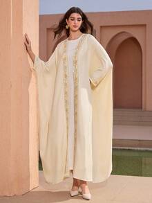 Graceveil Women's Elegant Floral Embroidery Splice Batwing Sleeve Loose Arabic Abaya Robe - Apricot - View 4
