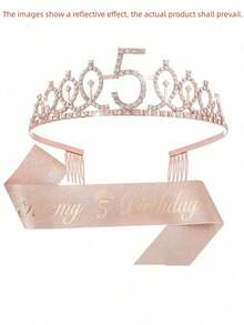 Sparkling Rhinestone Crystal Crown Tiara With Happy Birthday Satin Sash 2PCS Set For Girls 3rd 4th 5th 6th 7th 8th 9th Years Old Birthday Party Decorations, Princess Anniversary Celebration Supplies For Christmas​ - Rose Gold - View 11