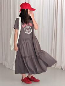 Dazy Kids Tween Girl Round Neck Letter & Number Print Casual Everyday Vacation Cake Dress - Grey - View 6