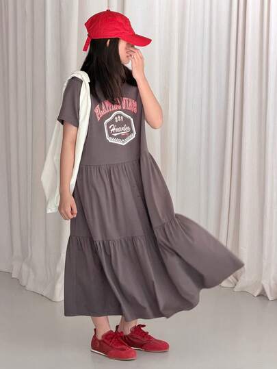 Dazy Kids Tween Girl Round Neck Letter & Number Print Casual Everyday Vacation Cake Dress