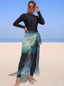 Swim Mulvari Women's Tie-Dye Print Long Sleeve Zipper Design 3 PiecesBurkini Set, Beach Vacation - Multicolor - View 1