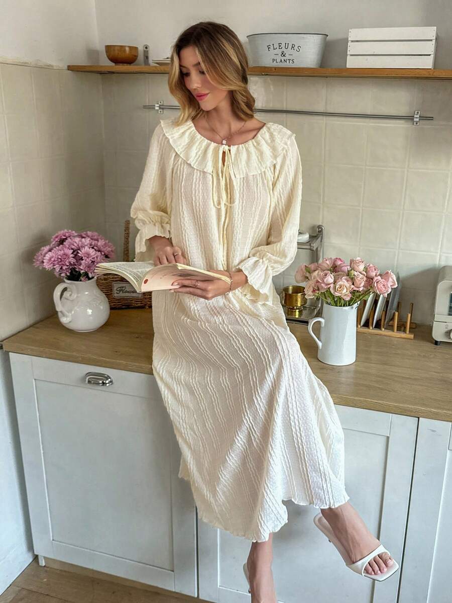 Snug Reverie Camisón largo de estilo princesa suelto de cuello redondo y manga larga, ropa de dormir para mujer para otoño/invierno - Albaricoque - Ver 1