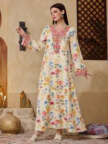 Al Najma Women's Modest Arabic Kaftan Maxi Dress – Ivory Pastel Floral Print With Faux Embroidery V-Neck, Long Bell Sleeves, Boho Abaya Style Vacation & Wedding Guest,Casual Floral Print Long Sleeve Modest Arabic Dress Floral Women Dresses Dress Modest Turkish Dress - Multicolor - View 1