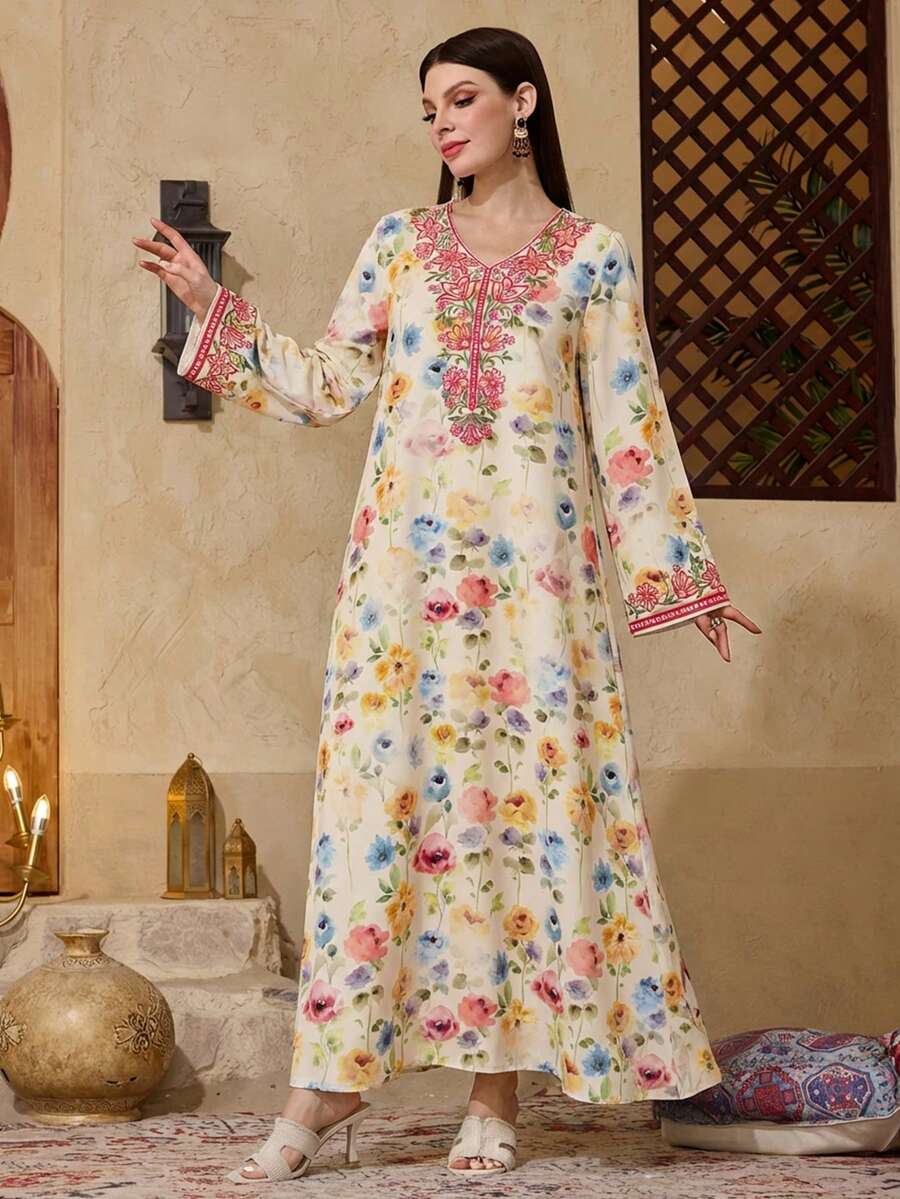 Al Najma Women's Modest Arabic Kaftan Maxi Dress – Ivory Pastel Floral Print With Faux Embroidery V-Neck, Long Bell Sleeves, Boho Abaya Style Vacation & Wedding Guest,Casual Floral Print Long Sleeve Modest Arabic Dress Floral Women Dresses Dress Modest Turkish Dress - Multicolor - View 1