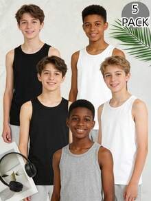 5-Pack Boys' Comfortable Casual Solid Color Sleeveless Crew Neck Undershirt Vest, Basic Essential, Suitable For All Seasons, Minimalist Design For Easy Matching, Stretchy Knit Fabric, Machine Washable Boys Sleeveless Tops - Multicolor - View 6