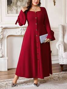 Firerie Robe maxi ample à encolure carrée, taille cintrée, manches à volants, nœud à l'ourlet. Polyvalente pour le port quotidien, printemps/été/automne/hiver. Grandes tailles - Rouge foncé - Voir 7