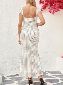 SHEIN 孕妇波点印花方领修身优雅连衣裙 - 杏色 - 查看 2