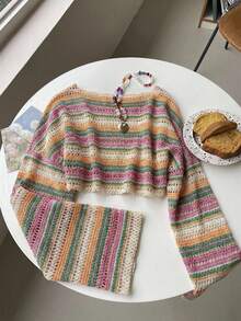 SHEIN EZwear 大尺碼女款鉤編短版上衣，長袖條紋針織毛衣，米色夏季波希米亞度假風，鄉村風 Y2K 時尚優雅休閒 T-shirt - 彩色 - 查看 1