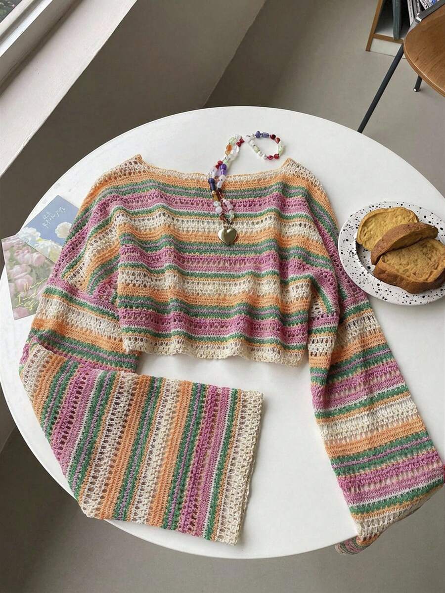SHEIN EZwear 大尺碼女款鉤編短版上衣,長袖條紋針織毛衣,米色夏季波希米亞度假風,鄉村風 Y2K 時尚優雅休閒 T-shirt - 彩色 - 查看 1