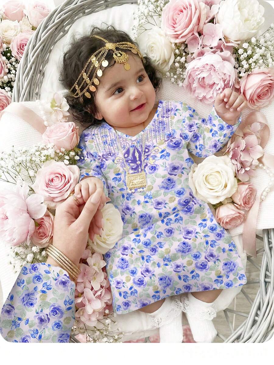 Baby Girl's White Floral Arabian,Autumn Long-Sleeved Prayer Dress,Traditional Kaftan For Vacation - Multicolor - View 1